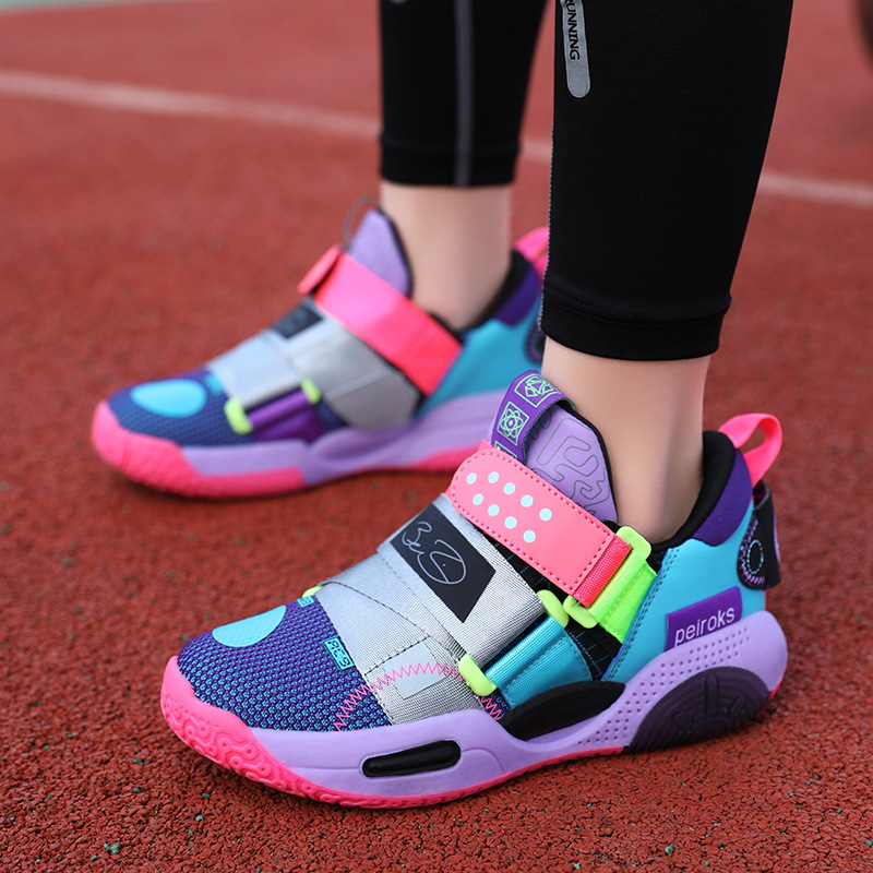 Children's Basketball Shoes 2024 Spring New Boys' Sports Shoes Medium and Large Children's Mesh Breathable Color Matching Casual Running Shoes