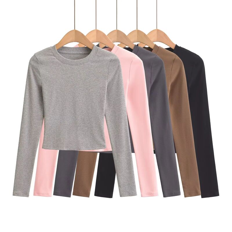 2025 Autumn New Round Neck Long Sleeve Base Shirt for Women, American Style Hot Girl Slimming T-Shirt Fake Two-Piece Pants Set