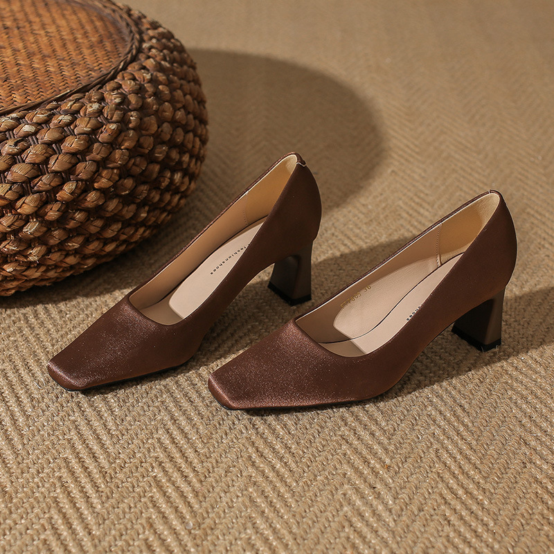 7605 Classic Satin Square Toe Thick Heel High Heel Women's Shoes Fashionable Wedding Shoes Bridal Shoes Low Heel Plaid Women's Shoes