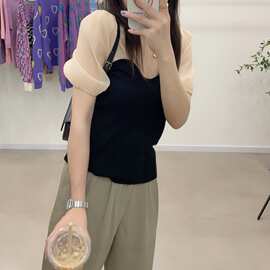 2021早秋新款法式感别致小众超仙针织衫超细羊毛短袖修身毛衣