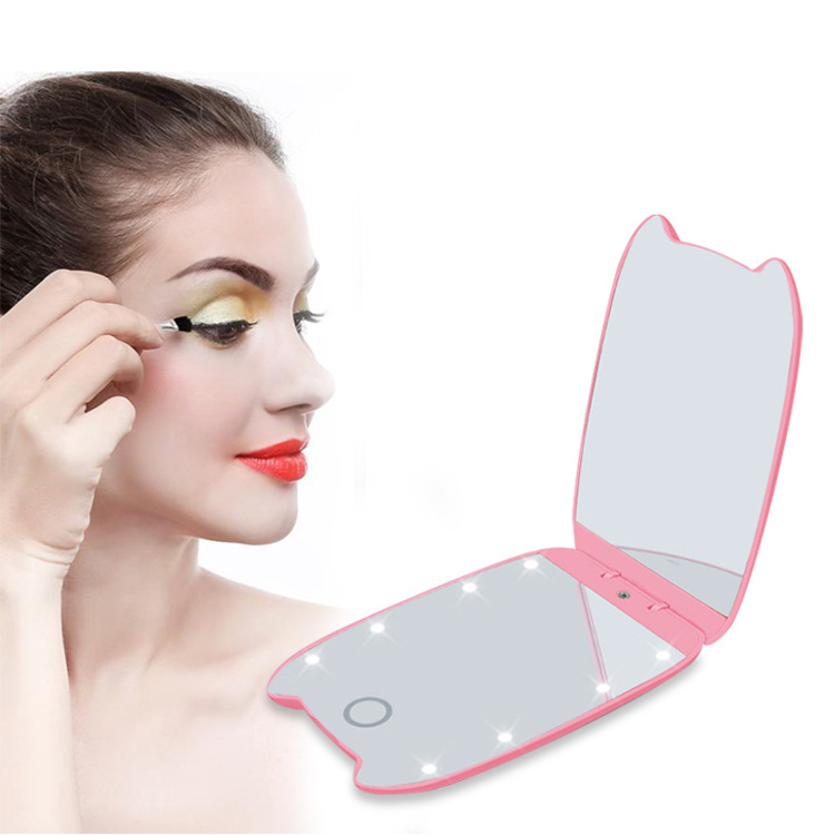 LED化妆镜便携口袋折叠镜2X放大镜带补光灯双面迷你镜子礼品定制|ru