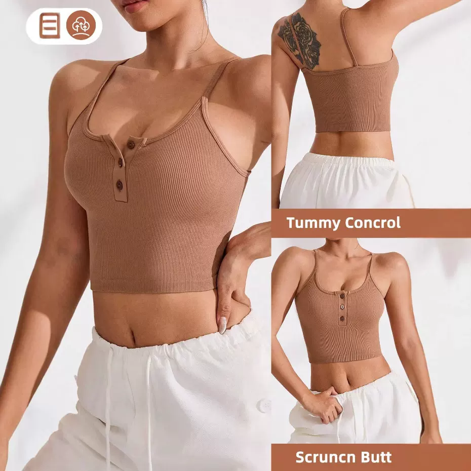 美式纽扣小吊带背心女夏外穿不带胸垫内搭遮副乳运动无袖瑜伽上衣