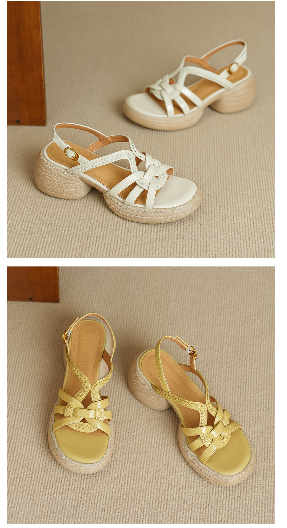 Sandal nữ hở mũi gót vuông đế dày 6 cm phong cách dệt — màu trắng ngà chi tiết 14