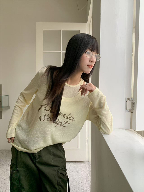 誉一新款2025秋季ins假两件设计感背心t恤字母斜肩长袖上衣女c199|undefined