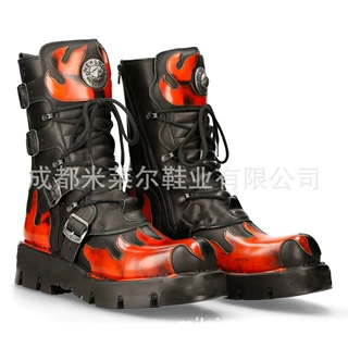 跨境外贸新款红色火焰机车靴欧美摇滚金属靴