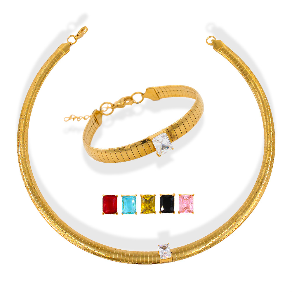 Retro Square Stainless Steel Inlay Zircon Bracelets Necklace 1 Piece