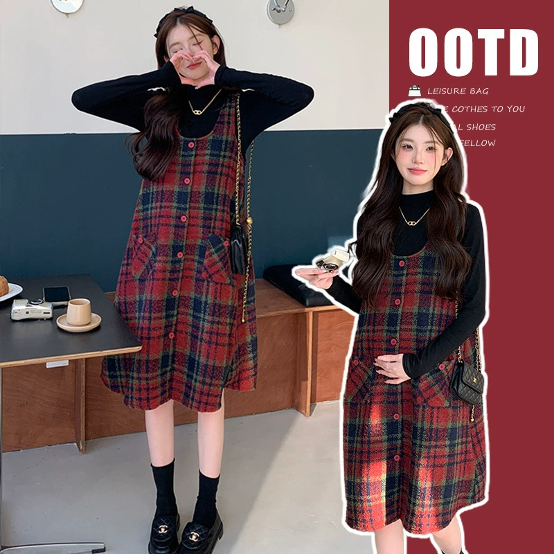 Осенне-зимний шерстяной клетчатый жилет для беременных, модный костюм 2023 Новый женский модный Модный комплект из двух предметов в западном стиле для мамы