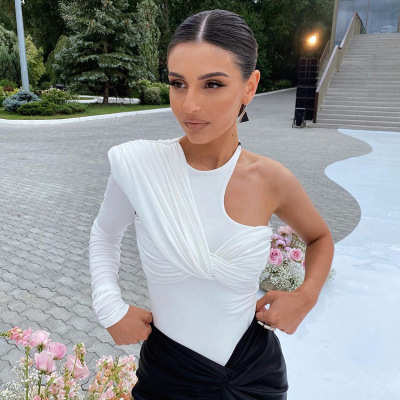 SY21306 歐美風跨境緊身半袖連體褲  秋季新款性感單肩褶皺連體衣