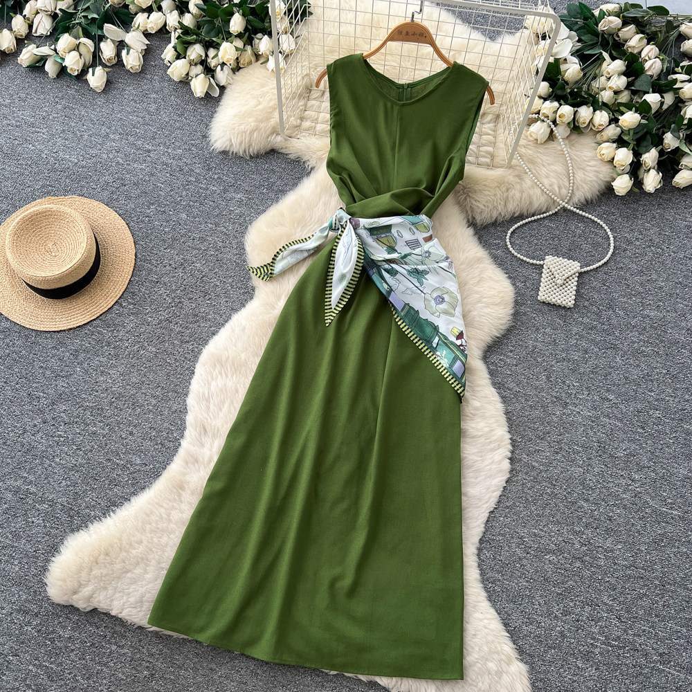 Elegant Sleeveless Round Neck Dress Style Summer Asymmetrical Long Dress With Scarf And Slit Sophisticated Tie Waist For Commuting_ecoleips.com