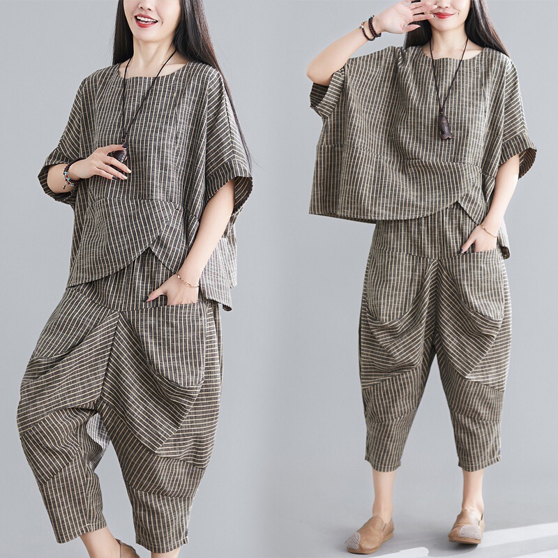 Fashion Casual Suit 2021 Summer Cotton Linen Loose Striped Short Sleeve Bat Top + Nine Harem Pants Women