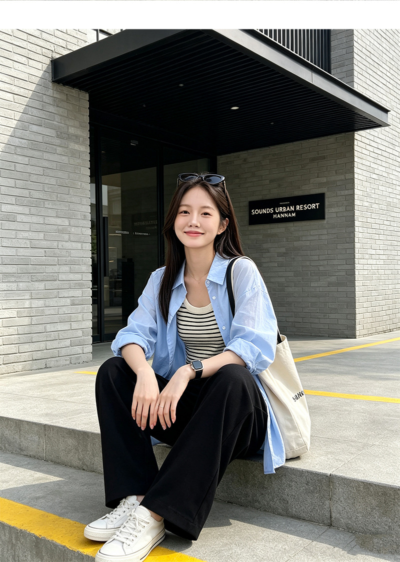 Quần tây nữ ống rộng cạp cao dáng suông, chất liệu mát mẻ chống nhăn, phù hợp đi làm mùa hè — Mát mẻ, rũ và chống nhăn - màu xanh lơ đen (cạp chun) chi tiết 33