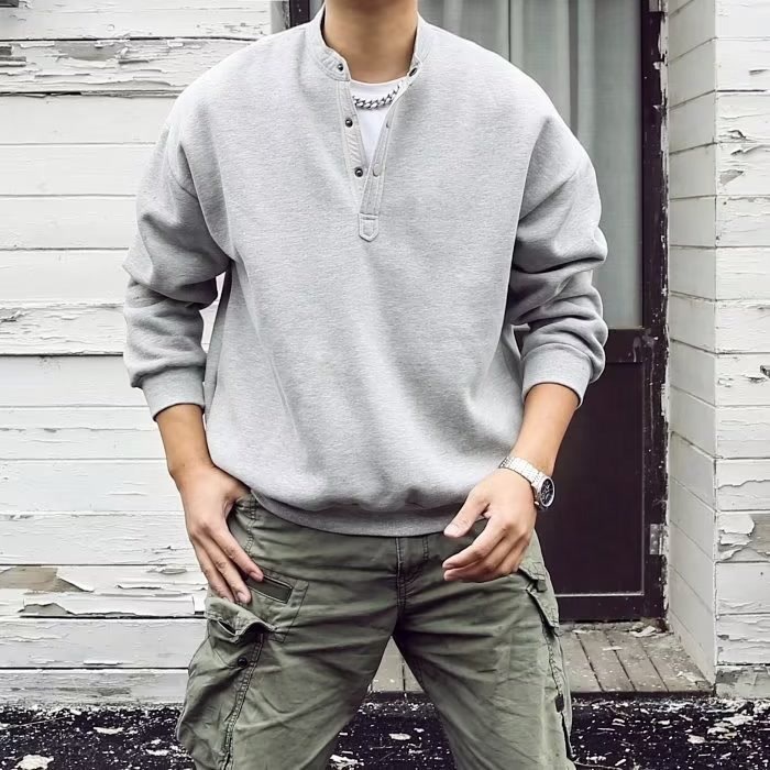 일본 빈티지 헨리 칼라 땀 봄과 가을 캐주얼 플러스 사이즈 남자 느슨한 올 매치 솔리드 컬러 핸섬 풀오버 탑