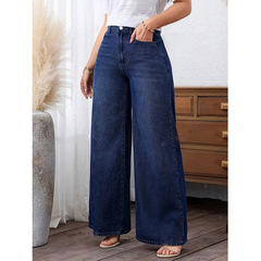 跨境新款女装简约休闲JEANS2025水洗阔腿牛仔裤时尚深蓝色独立站P