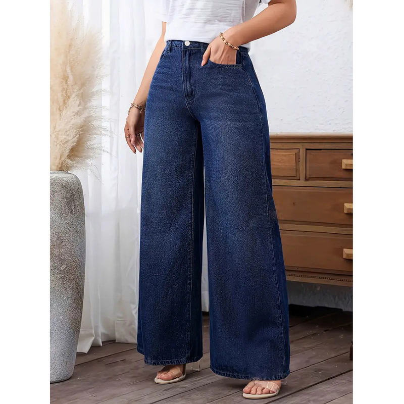 Cross-Border Magic Fashion Women's Simple Casual Jean2026 Washed Trendy Brand Stretch Wide-Leg Jeans in Stylish Deep Blue Cross-Border Magic Fashion Women's Simple Casual Jean2026 Washed Trendy Brand Stretch Wide-Leg Jeans in Stylish Deep Blue