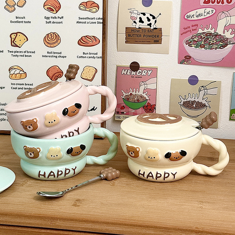Taza de cerámica Taza de agua para el hogar Taza con tapa Cuchara Regalo de cumpleaños creativo Taza de desayuno femenino Regalo de mano de gran capacidad
