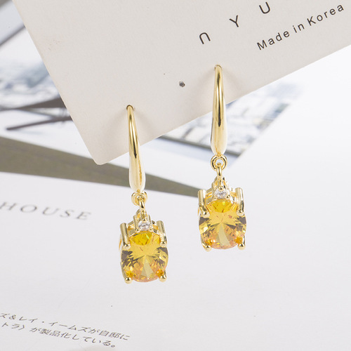 wish cross-border European and American citrine long earrings for women 18K gold oval earrings with diamonds and champagne gold jewelry