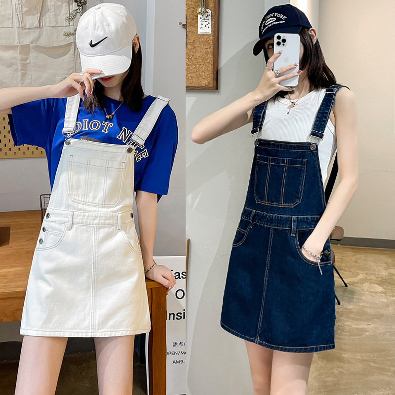白色背带牛仔短裤女春夏季新款宽松显瘦小个子小众吊带连衣裙子