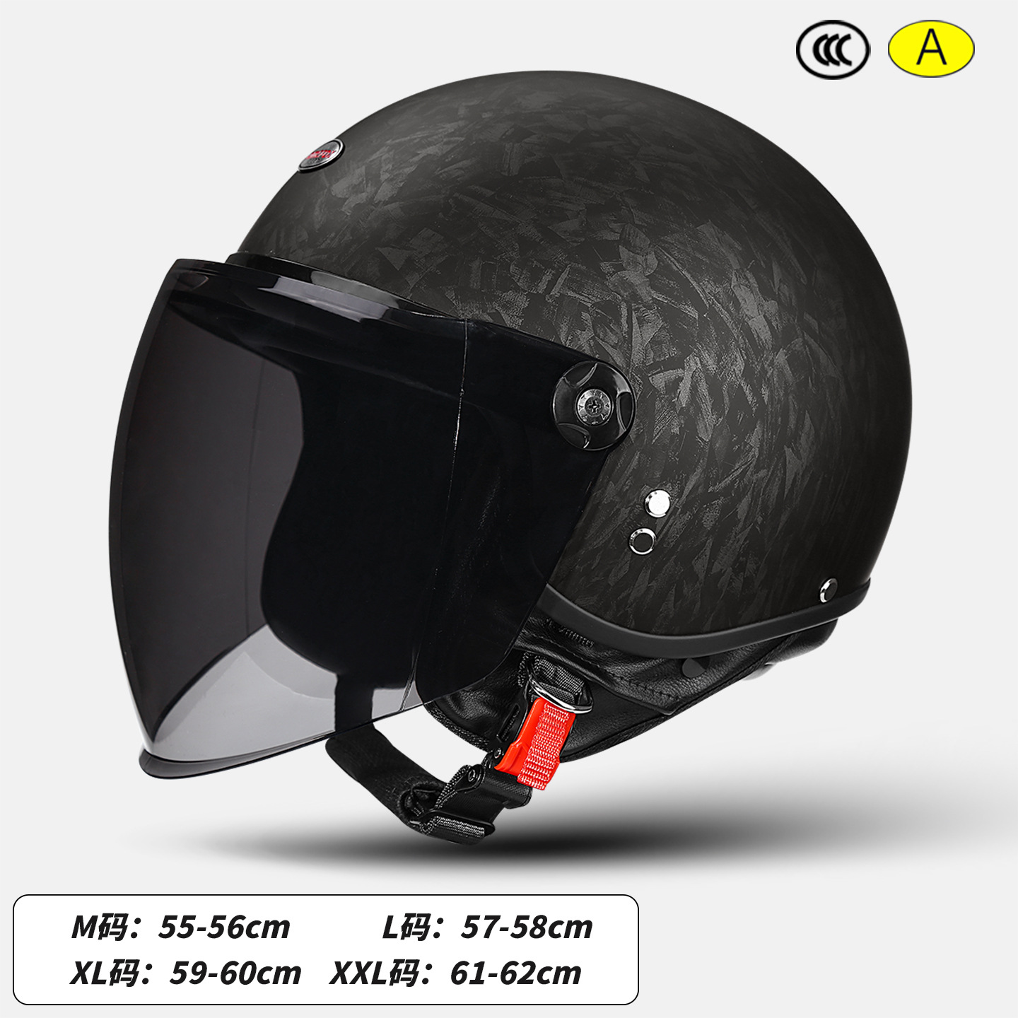 Retro 3C Certified, Motuoche Motosiklet kaskı (dəbilqə) - painted-surface-matte-black-long-black-tea-lens-size-m-55-56cm