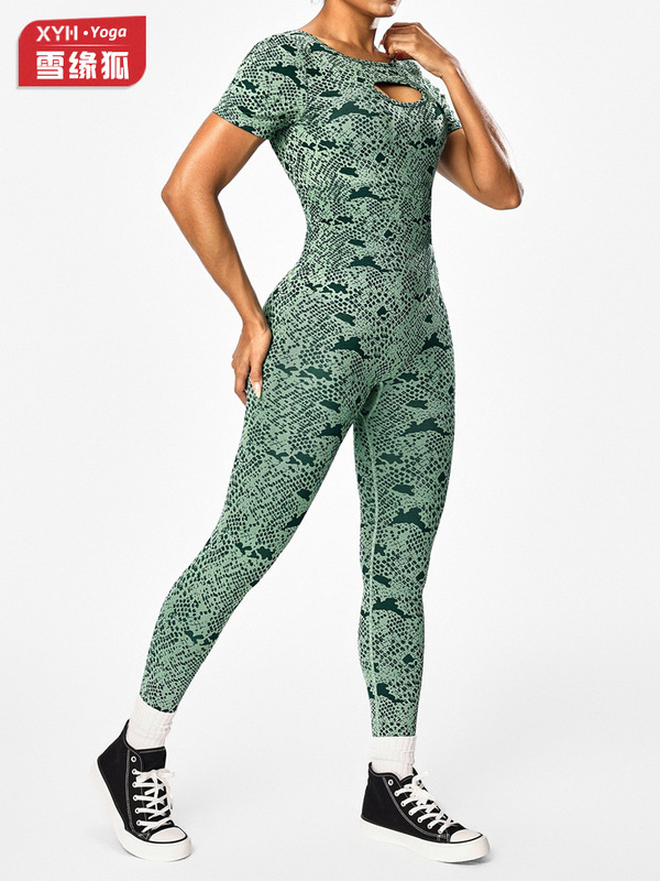蛇纹印花镂空深V美背运动连体瑜伽服女跑步健身提臀收腹连体长裤|undefined