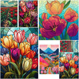 Amazon Cross-Border DIY Cross-Stitch Tulip Digital Oil Painting Landscape Handmade Flower Decoration Painting Wholesale Coloring