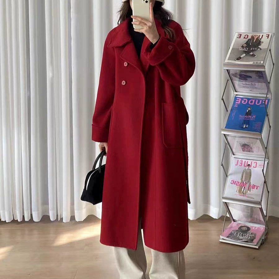 2024 новый двухсторонний шерстяной шерстяной пальто женский продвинутый воротник ремень темпераментный простой свободный шерстяной куртка