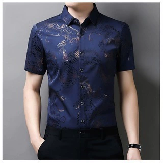 Мужская рубашка из ледяного шелка, повседневная тонкая рубашка с короткими рукавами с лацканами, модная жаккардовая рубашка с рисунком дракона, мужская цельная рубашка с половиной рукавов, Прямая доставка