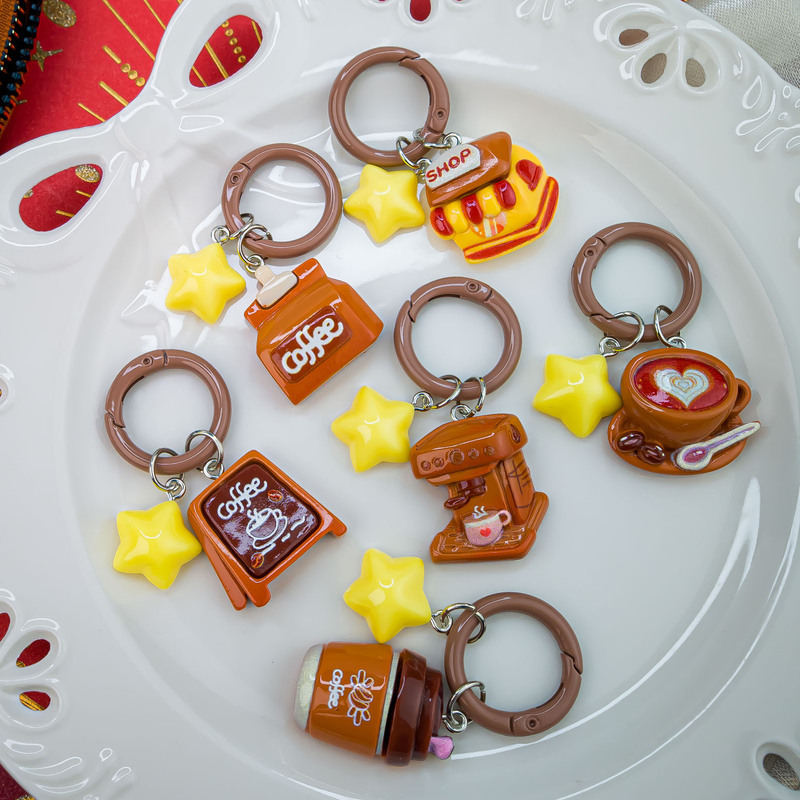 Spring Star J24 Cute Coffee Shop Star Keychain Girl Heart Hanging Star Cartoon Bag Pendant Accessories