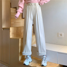 港风毛呢阔腿女裤子加厚秋冬直筒高腰垂坠感休闲运动宽松韩版显瘦