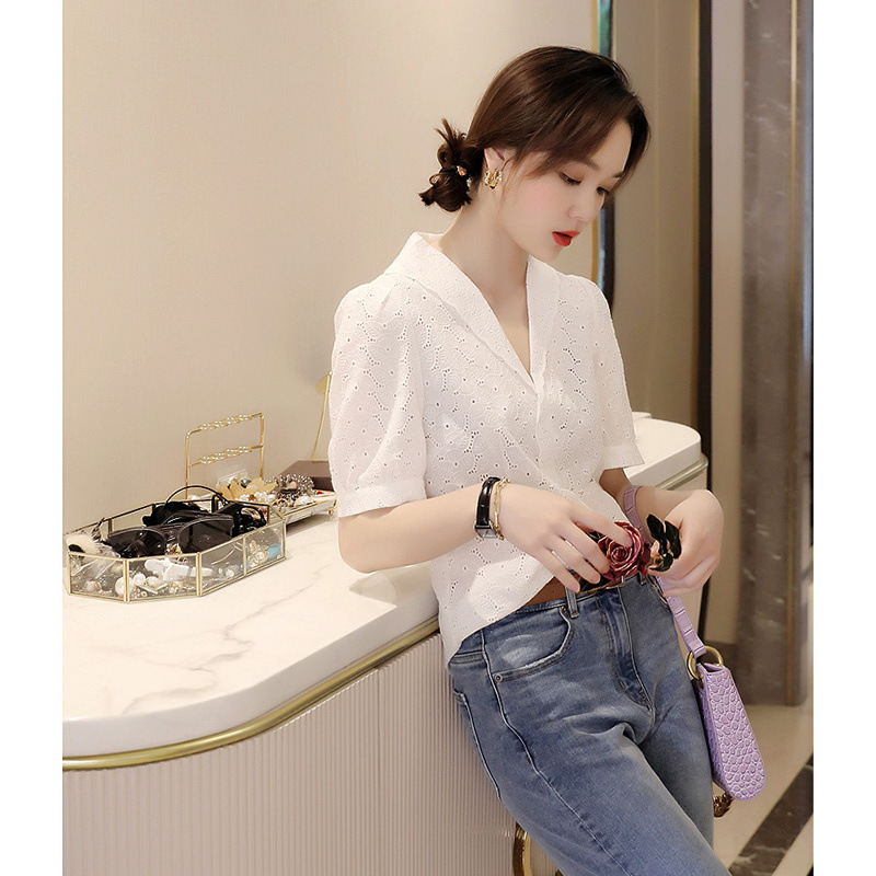 2024 summer new style Japanese lace embroidered small lapel puff…