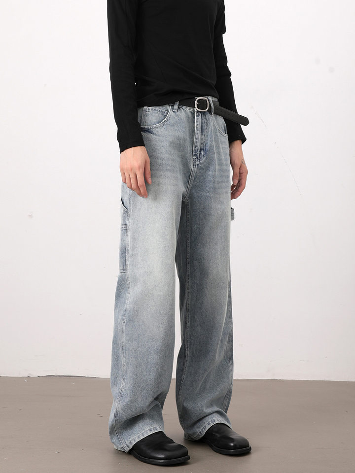 Quần jeans nam màu xanh nhạt dáng rộng ống đứng phong cách high street — Màu xanh dương