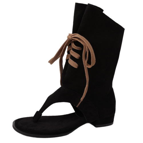 French-style fashion short boots, niche design, flip-flops with a T-strap, women's summer lace-up chunky heel slimming high-heeled sandals