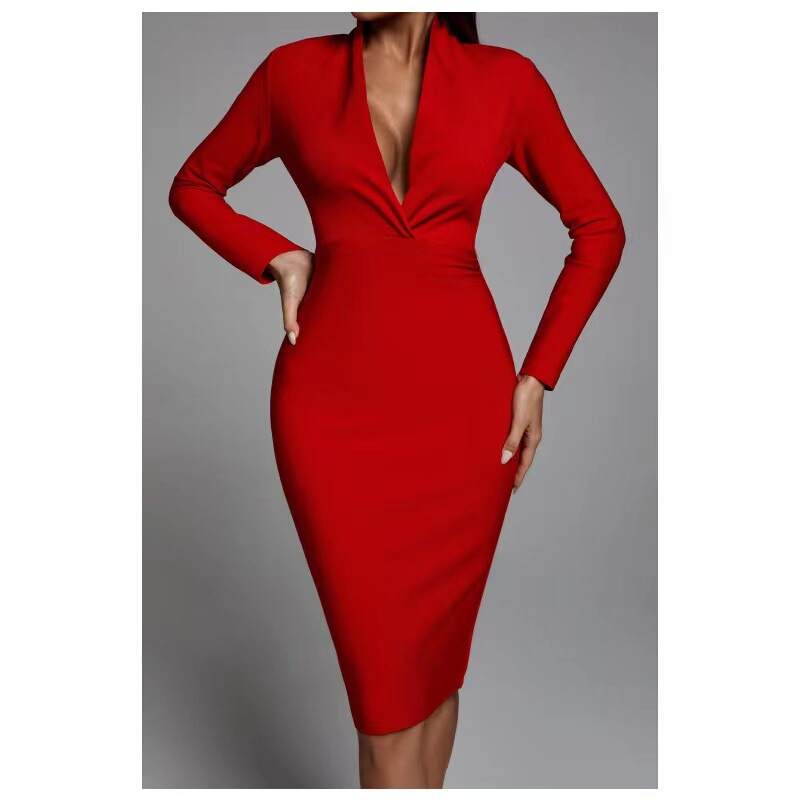 Sexy Deep V Neck Cross-Border Fashionable Socialite Long-Sleeved Bandage Dress Classy Banquet Evening Dress Factory Sexy Deep V Neck Cross-Border Fashionable Socialite Long-Sleeved Bandage Dress Classy Banquet Evening Dress Factory