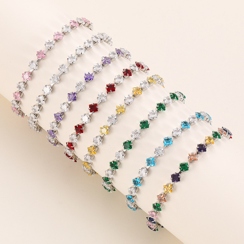 European and American Hot-Selling Fashionable Square Color Zircon Women's Hand Jewelry Cross-Border Diamond Light Luxury Niche High-End Silver-Plated Bracelet