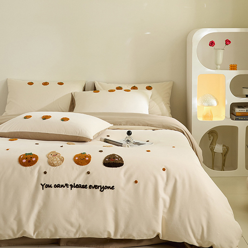 Class A small fresh 100S long staple cotton sanding bed four-piece cotton towel embroidered quilt cover cotton bed sheet bedding 4