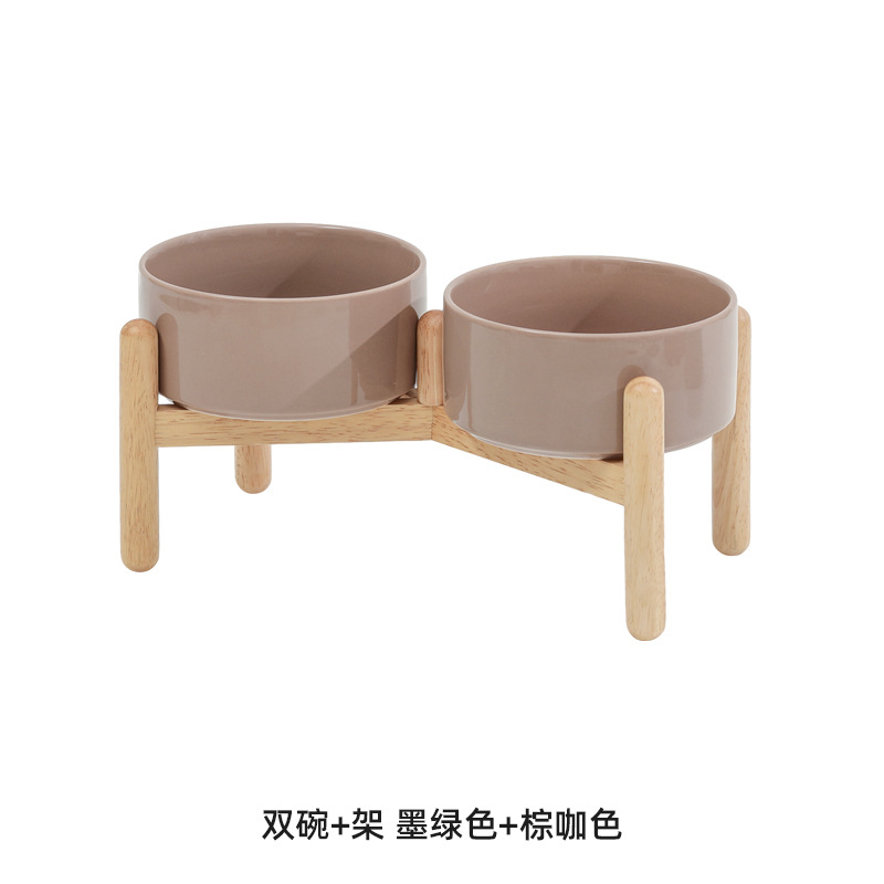 Cuenco de cerámica del perro cuenco doble cuenco de soporte cervical mediano y grande tamaño pequeño cuenco de comida para perros cuenco de agua de madera traje de estante cuenco de perro