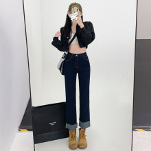 实拍牛仔裤女明线卷边九分裤个性秋季新款毛边港风小直筒裤潮