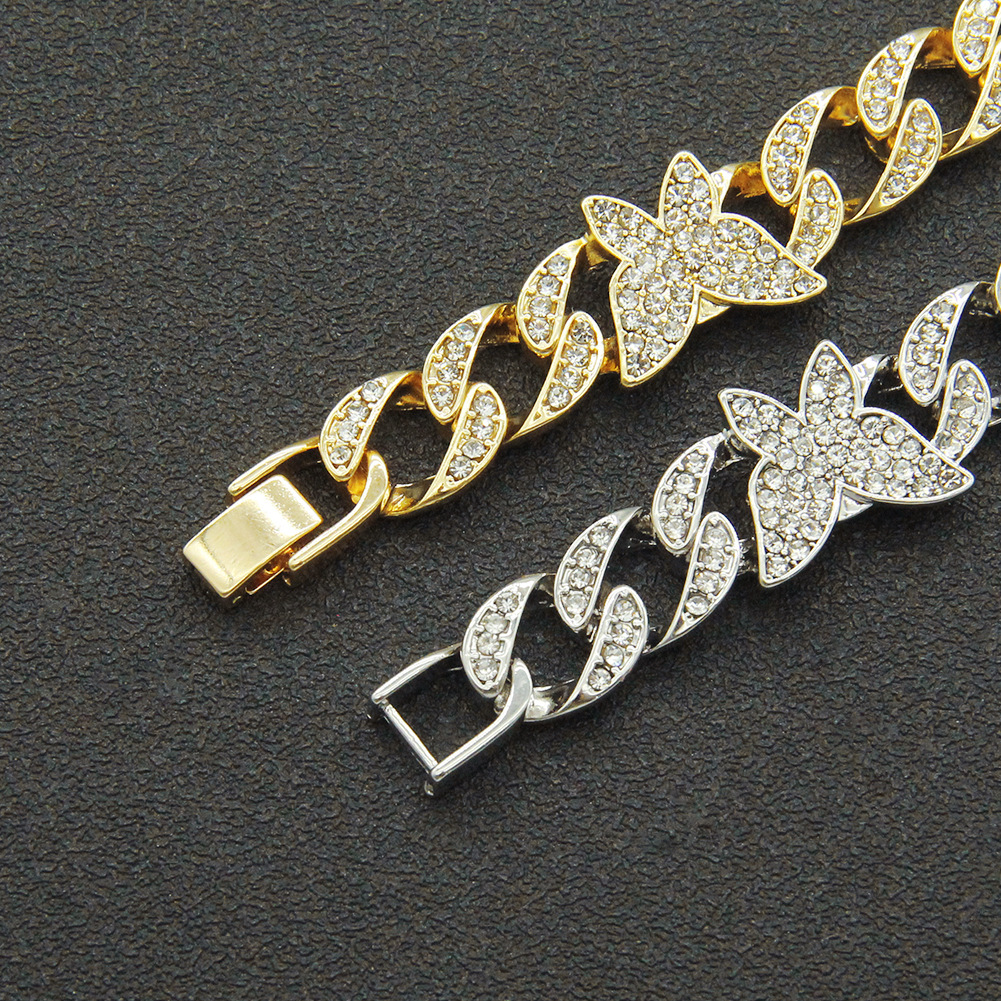 Fashion diamond-studded Cuban chain necklace full diamond butterfly hip-hop alloy necklace
