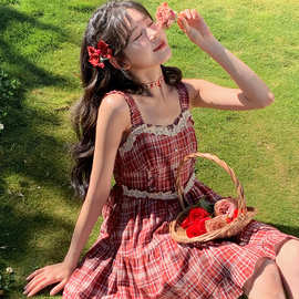 红色格子无袖吊带连衣裙子女夏季海边度假沙滩收腰短裙辣妹小个子