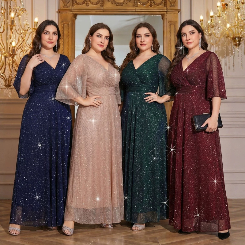 Cross-Border Plus-Size Women's Clothing, European and American Style V-Neck Long-Sleeve Slit Sequin Elegant Dress for Plus-Size Bridesmaids, Slim-Fit Dress