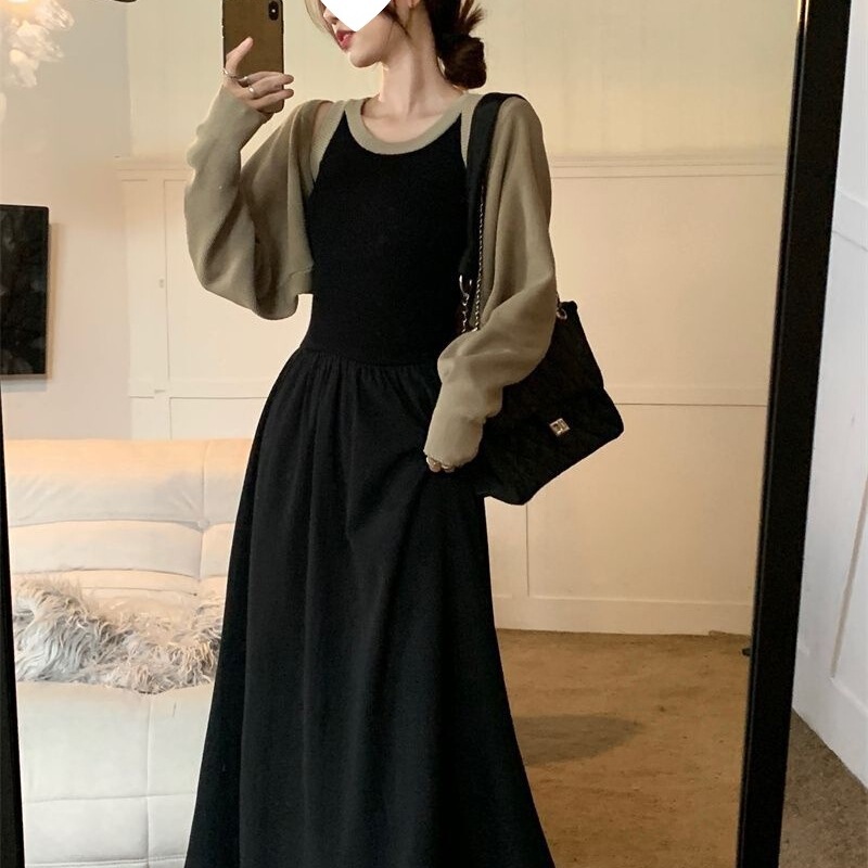 初秋纯欲风大码两件套针织撞色背心连衣裙长袖披肩开衫胖MM套装女|undefined