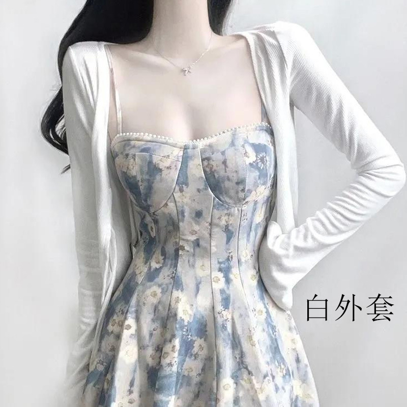 ティーブレイクフレンチピュアブルー油絵ドレス女性の夏の新しい妖精花柄ウエストサスペンダーミドル丈スカート|undefined