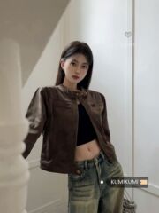 美式复古做旧咖啡色短款夹克外套2025春季新款辣妹百搭立领PU皮衣