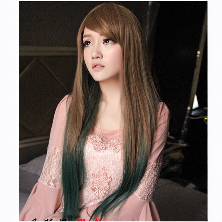 Cross-Border fashion wig women's long straight hair linen gradient peacock green fake head set face trim hairstyle spot