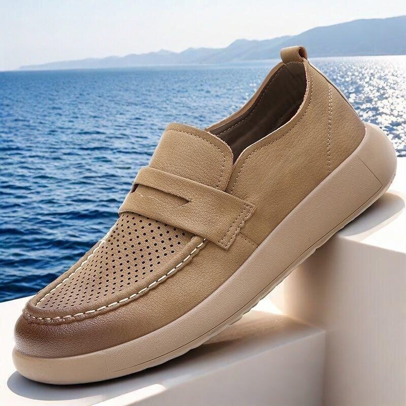 Giày lười nam mùa hè kiểu Anh, da lộn đục lỗ, đế bệt, mang êm chân — 2306 kaki rỗng, 2306 rỗng màu đen chi tiết 2