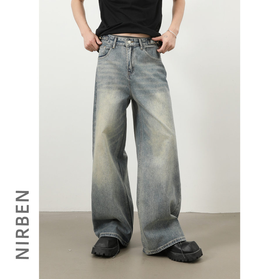 Quần jeans nam ống rộng dáng thẳng phong cách retro, chất denim cotton thoải mái — màu xanh