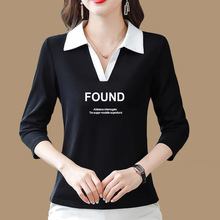 长袖T恤女polo衫2024春秋季新款中年妈妈宽松显瘦百搭翻领上衣