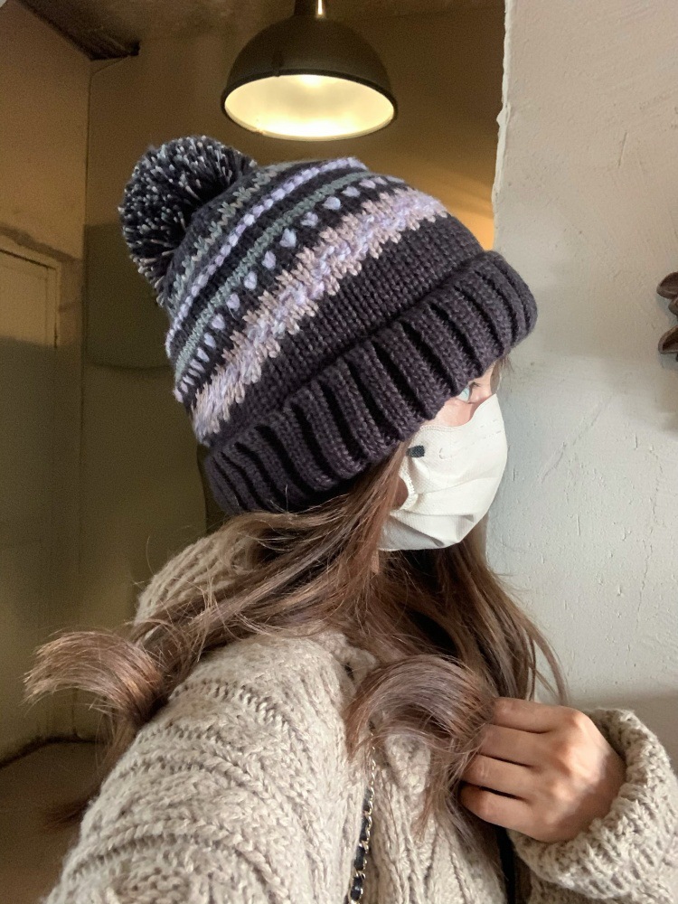 フェア島風毛糸帽子女子秋冬レトロ百合大頭囲保温ニット帽子顔小耳保護帽子