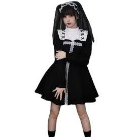 新款万圣节修女服装成人cosplay修行者Nun服黑白蕾丝连衣裙2011