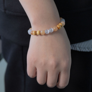 8mm white cat's eye and 8mm imitation sun stone and 8mm wooden beads