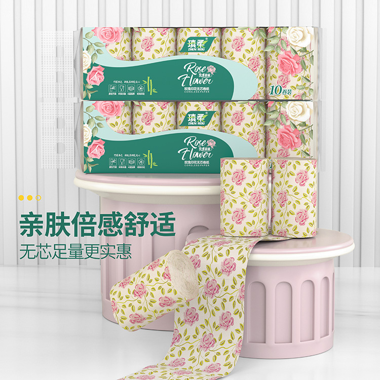 Good Things Natural Bamboo Fiber Practical Household Coreless Roll Paper Towel Printed 4-layer Thickeneded Advertising Toilet Paper